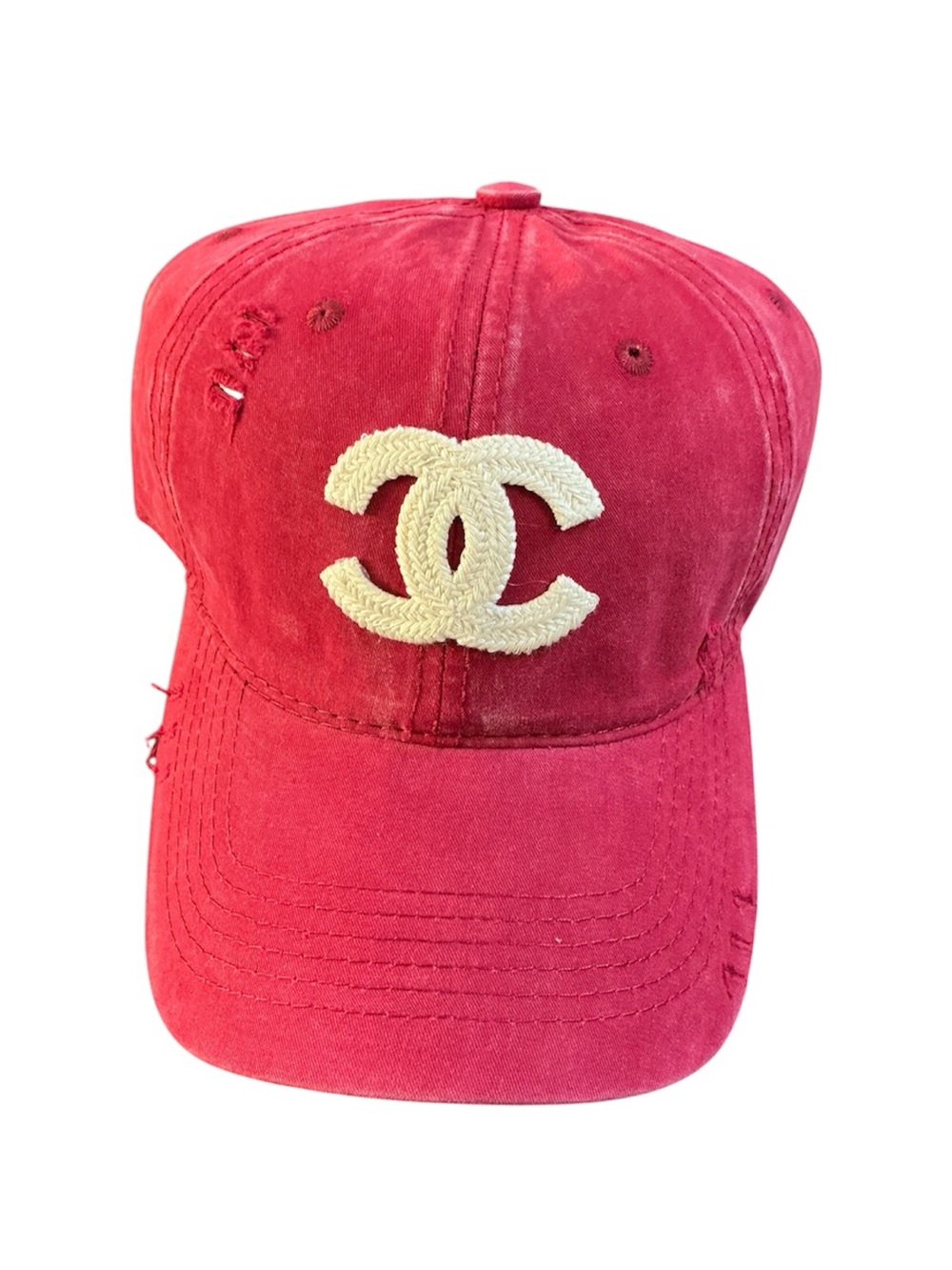 Chanel Red Distressed Logo Baseball Cap